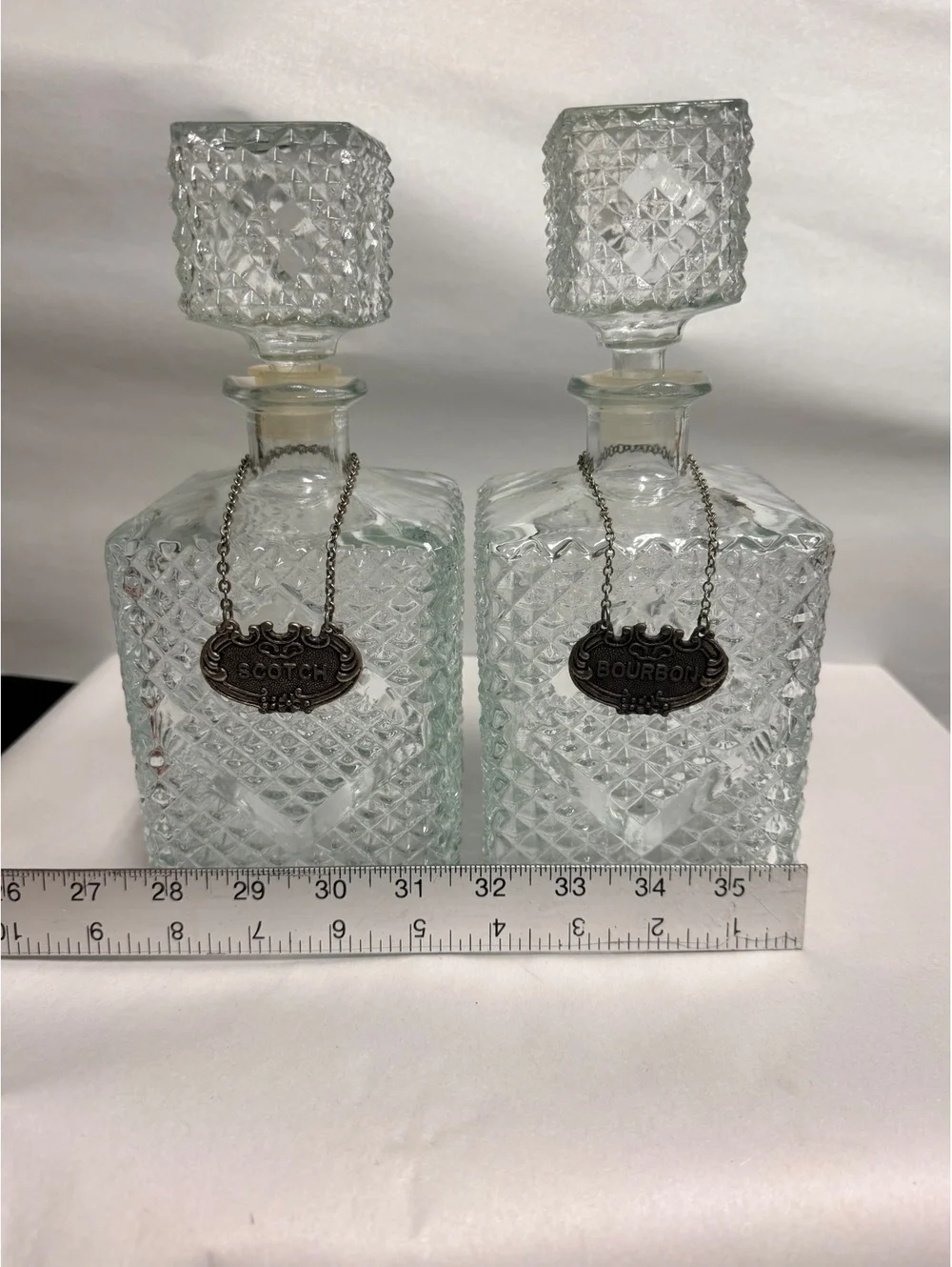 Vintage MCM Cut Glass Decanter Set with Scotch and Bourbon Tags